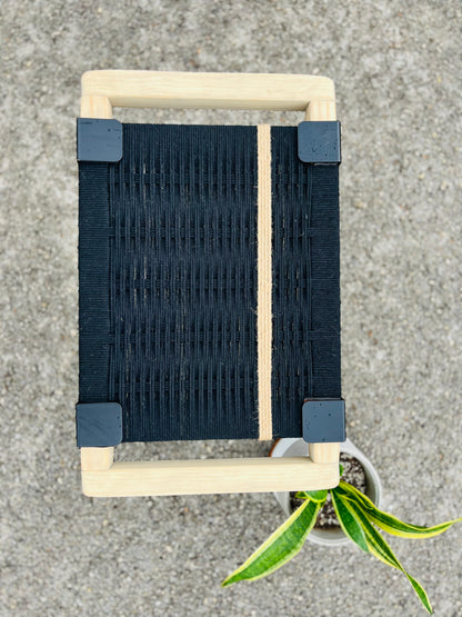 Mid Century Bench | Custom Size Woven Entryway Seating With Matte Black Legs