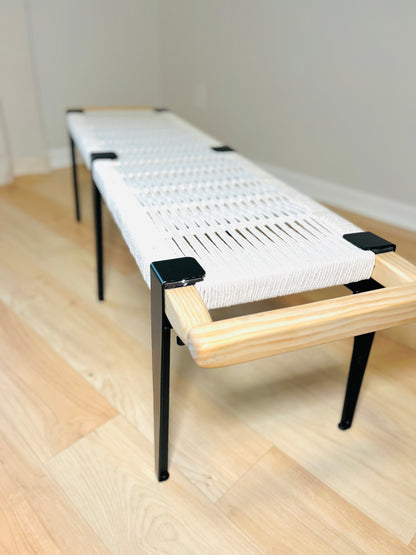 Mid Century Bench | Custom Size Woven Entryway Seating With Matte Black Legs