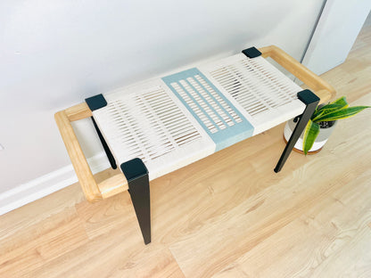 Mid Century Bench | Custom Size Woven Entryway Seating With Matte Black Legs