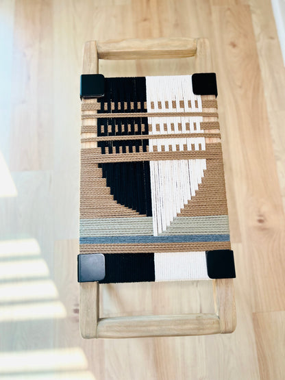 Mid Century Bench | Custom Size Woven Entryway Seating With Matte Black Legs