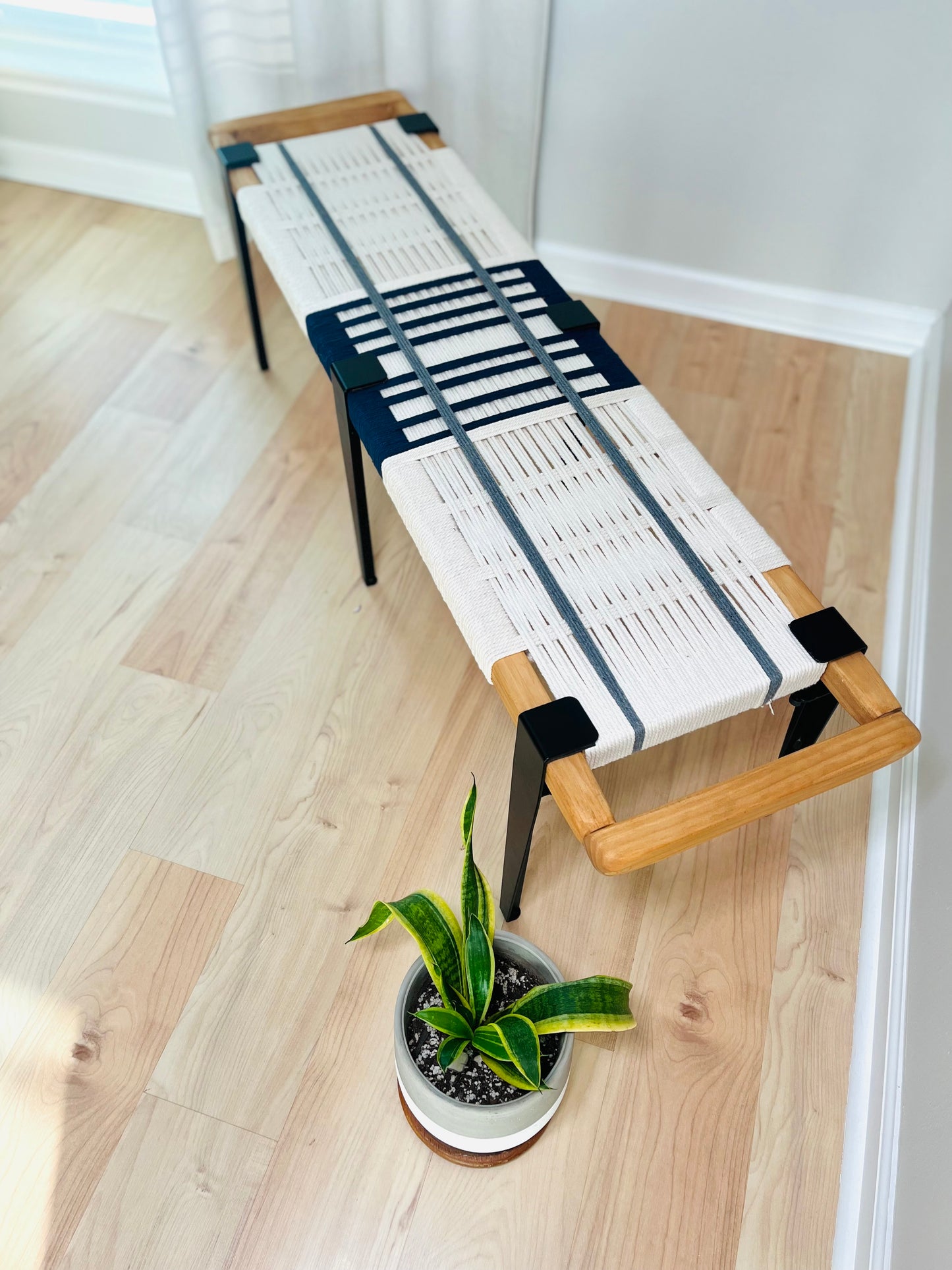 Mid Century Bench | Custom Size Woven Entryway Seating With Matte Black Legs