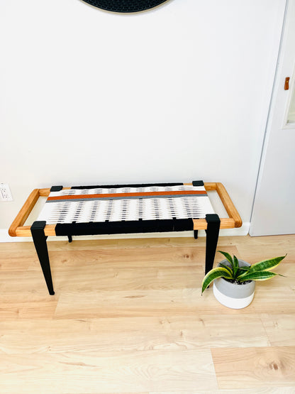 Mid Century Bench | Custom Size Woven Entryway Seating With Matte Black Legs