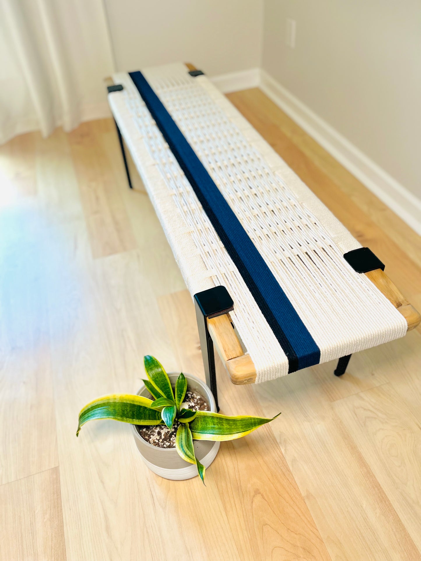 Mid Century Bench | Custom Size Woven Entryway Seating With Matte Black Legs