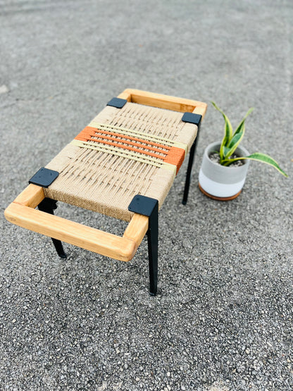 Mid Century Bench | Custom Size Woven Entryway Seating With Matte Black Legs
