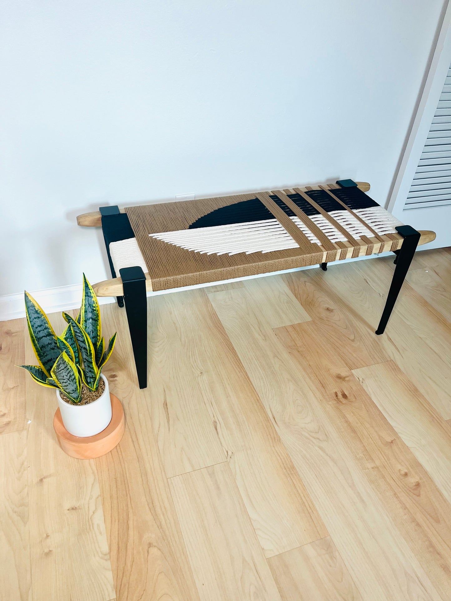 Mid Century Bench | Custom Size Woven Entryway Seating With Matte Black Legs