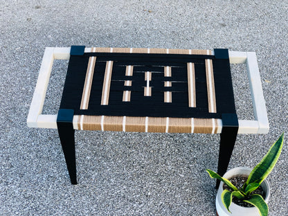 Mid Century Bench | Custom Size Woven Entryway Seating With Matte Black Legs