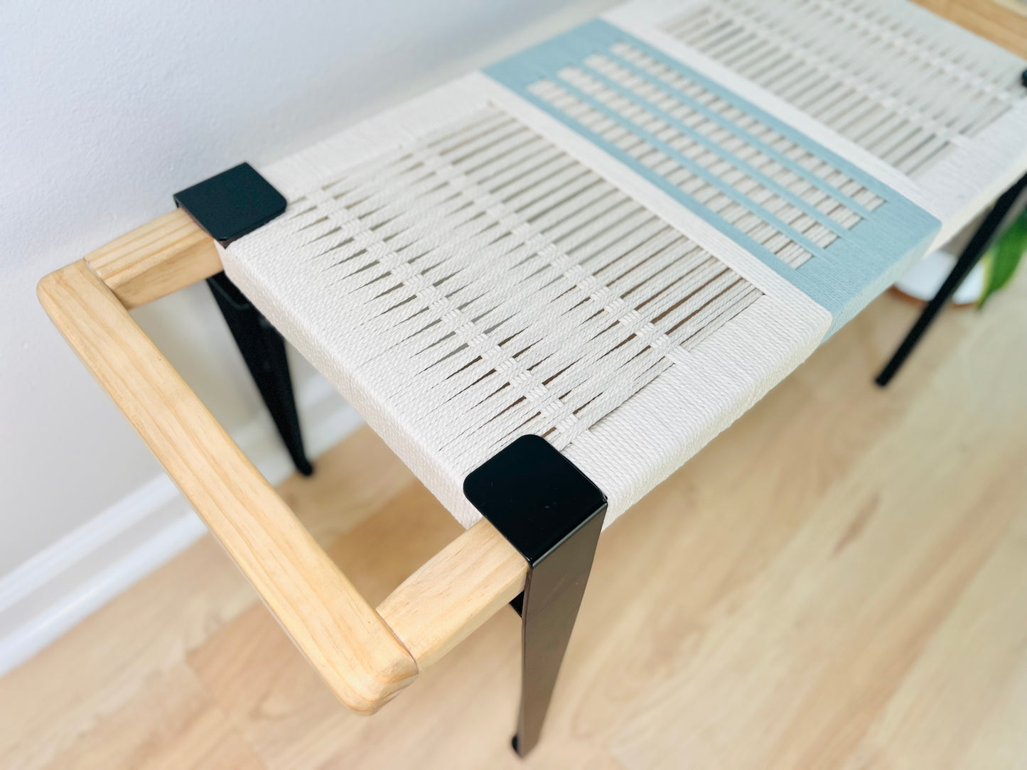 Mid Century Bench | Custom Size Woven Entryway Seating With Matte Black Legs