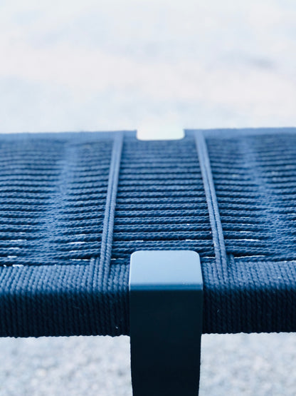 Mid Century Bench | Custom Size Woven Entryway Seating With Matte Black Legs