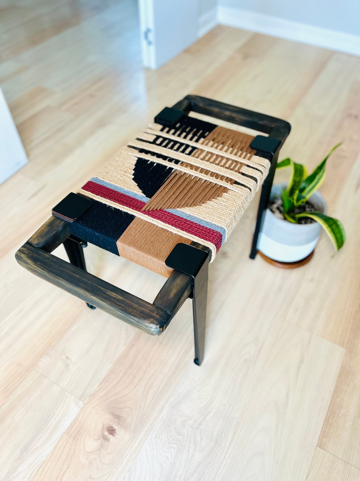 Mid Century Bench | Custom Size Woven Entryway Seating With Matte Black Legs