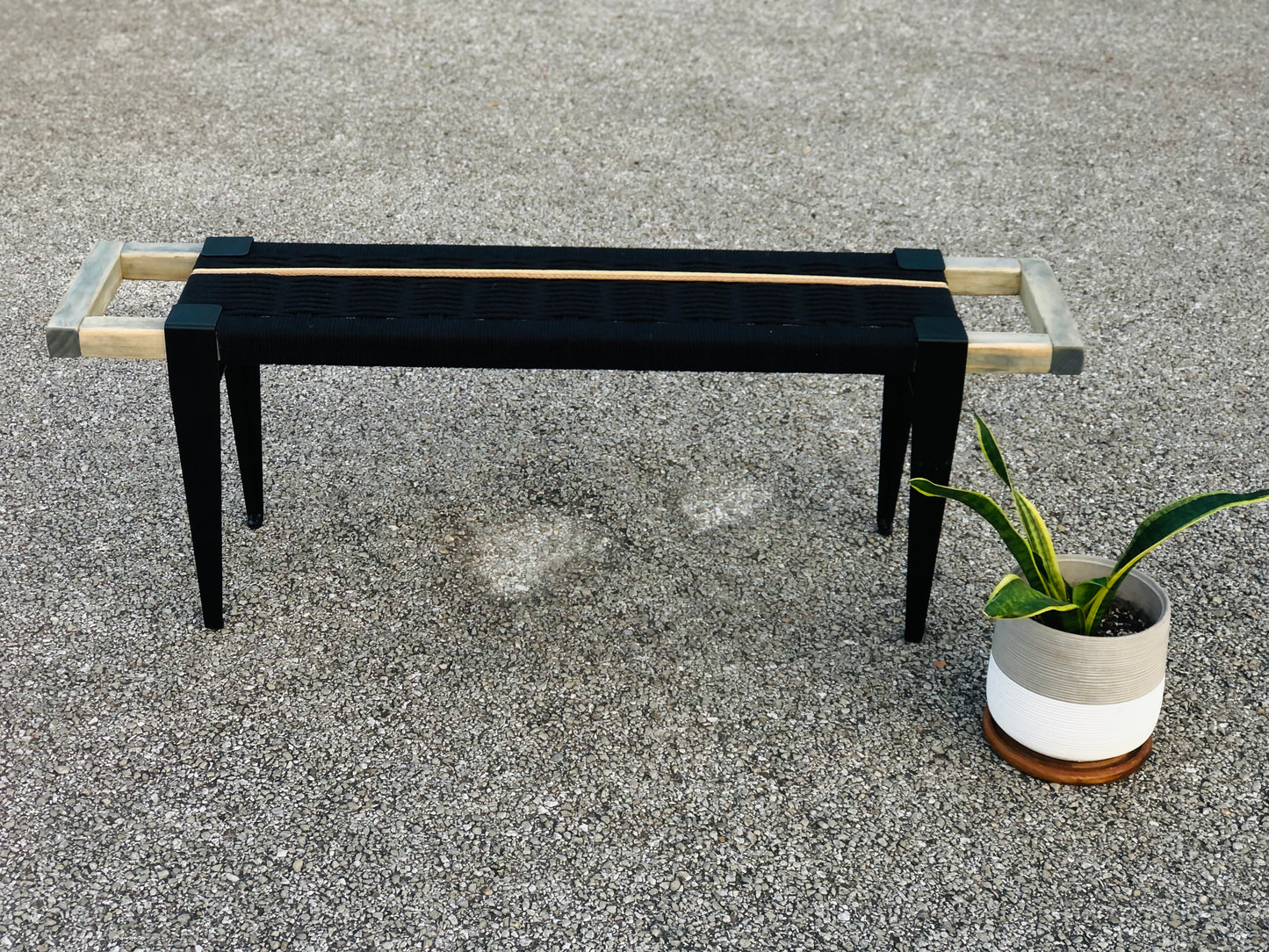 Mid Century Bench | Custom Size Woven Entryway Seating With Matte Black Legs