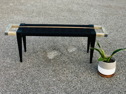 Mid Century Bench | Custom Size Woven Entryway Seating With Matte Black Legs