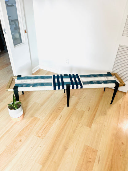 Mid Century Bench | Custom Size Woven Entryway Seating With Matte Black Legs