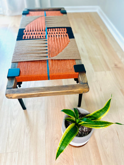 Mid Century Bench | Custom Size Woven Entryway Seating With Matte Black Legs