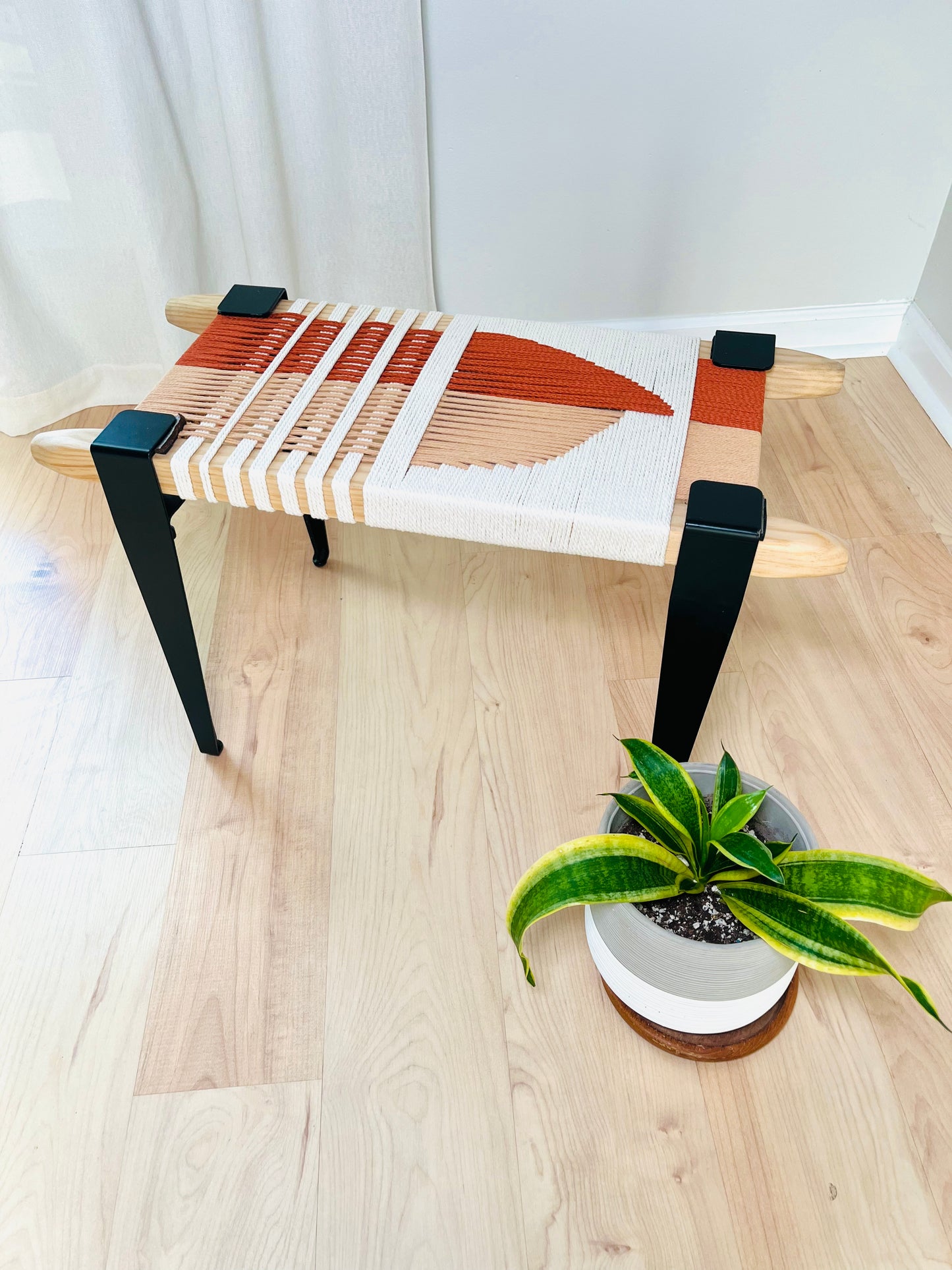 Mid Century Bench | Custom Size Woven Entryway Seating With Matte Black Legs