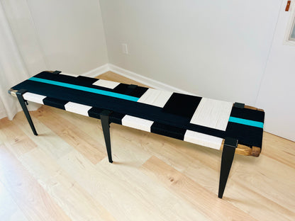 Mid Century Bench | Custom Size Woven Entryway Seating With Matte Black Legs