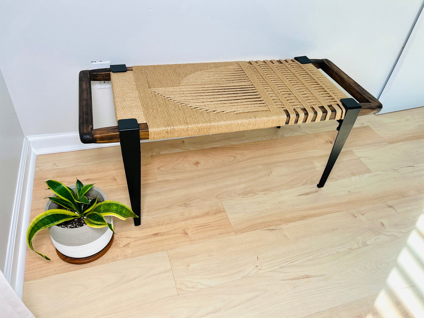 Mid Century Bench | Custom Size Woven Entryway Seating With Matte Black Legs