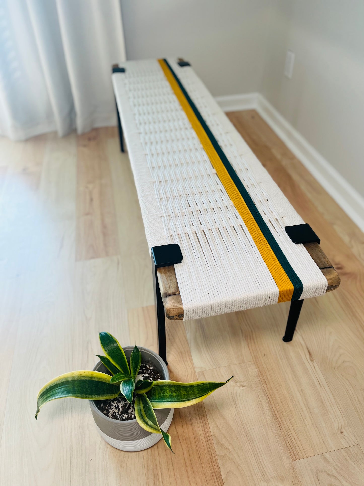 Mid Century Bench | Custom Size Woven Entryway Seating With Matte Black Legs