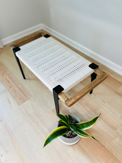 Mid Century Bench | Custom Size Woven Entryway Seating With Matte Black Legs