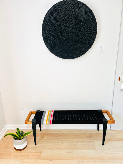 Mid Century Bench | Custom Size Woven Entryway Seating With Matte Black Legs