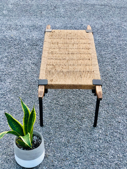 Mid Century Bench | Custom Size Woven Entryway Seating With Matte Black Legs