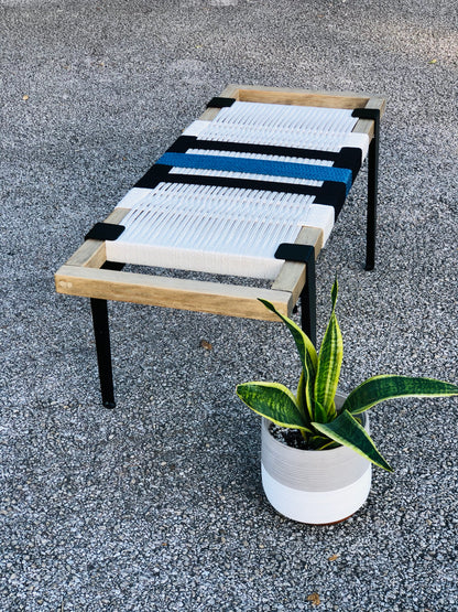 Mid Century Bench | Custom Size Woven Entryway Seating With Matte Black Legs