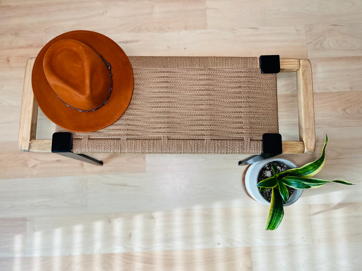 Mid Century Bench | Custom Size Woven Entryway Seating With Matte Black Legs