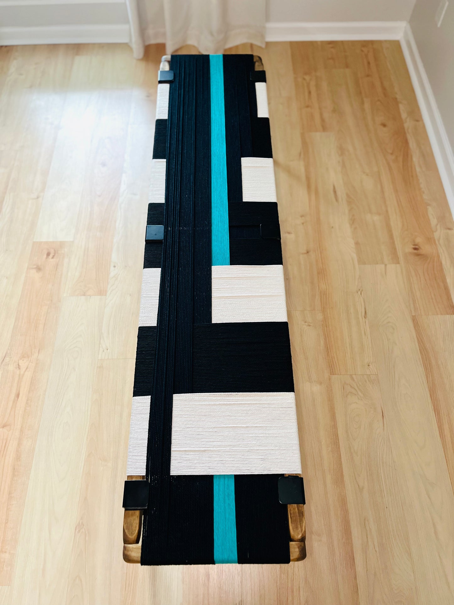 Mid Century Bench | Custom Size Woven Entryway Seating With Matte Black Legs