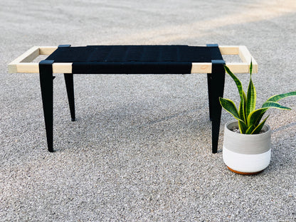 Mid Century Bench | Custom Size Woven Entryway Seating With Matte Black Legs
