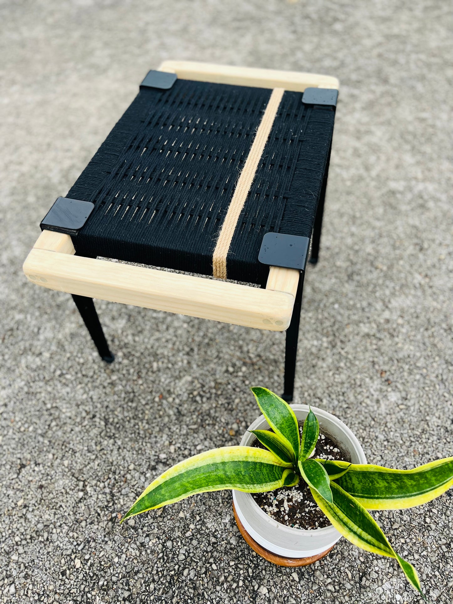 Mid Century Bench | Custom Size Woven Entryway Seating With Matte Black Legs