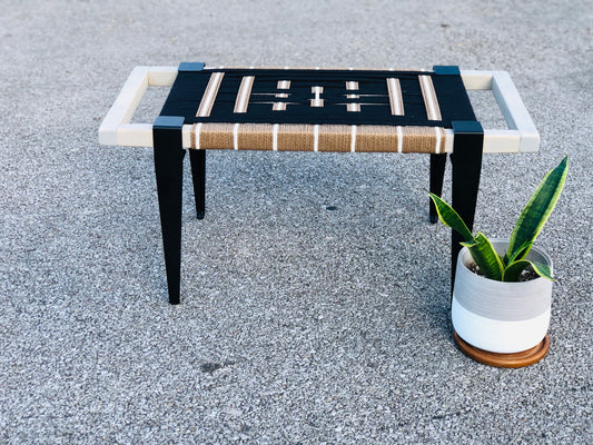 Mid Century Bench | Custom Size Woven Entryway Seating With Matte Black Legs