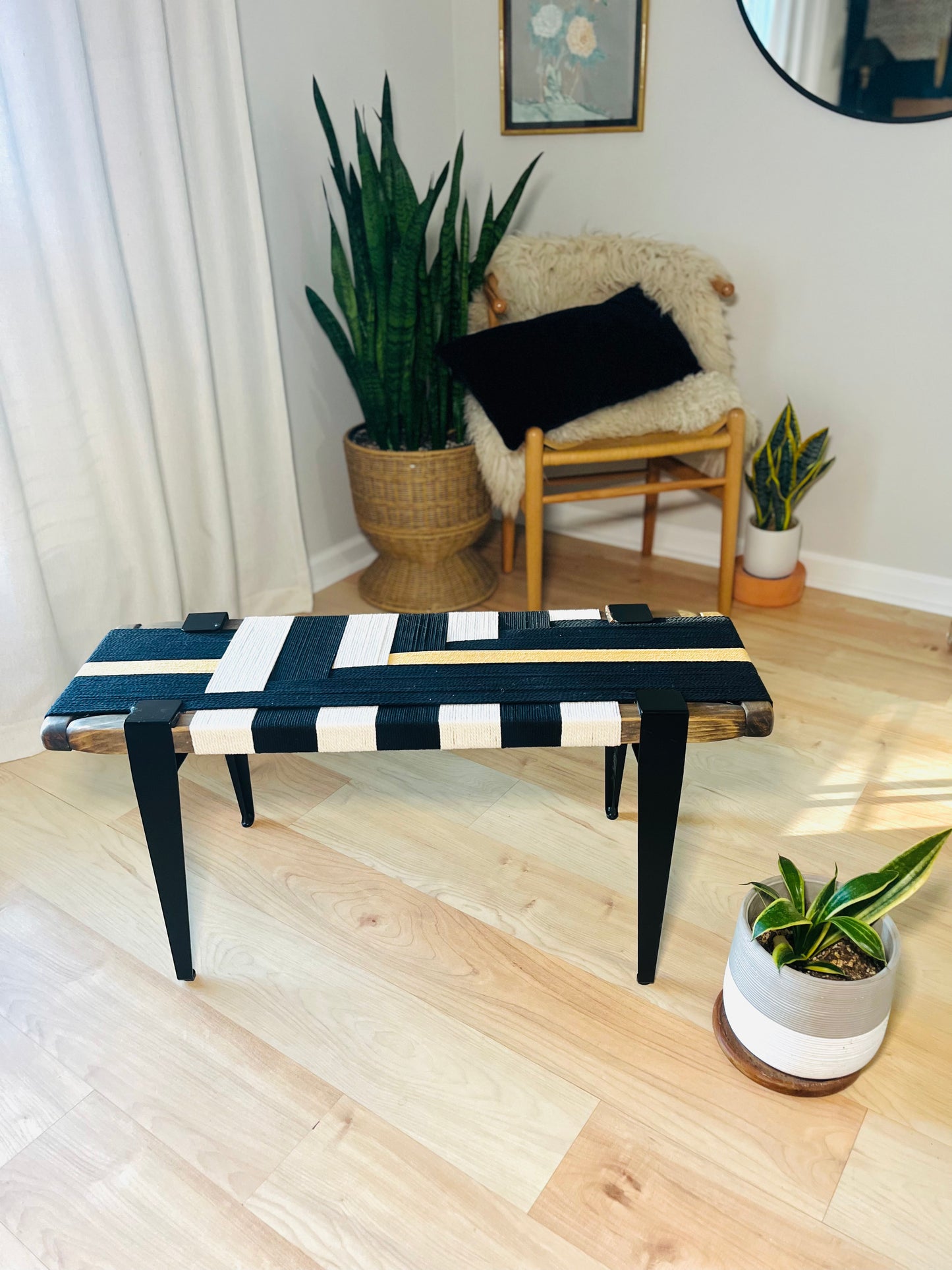 Mid Century Bench | Custom Size Woven Entryway Seating With Matte Black Legs