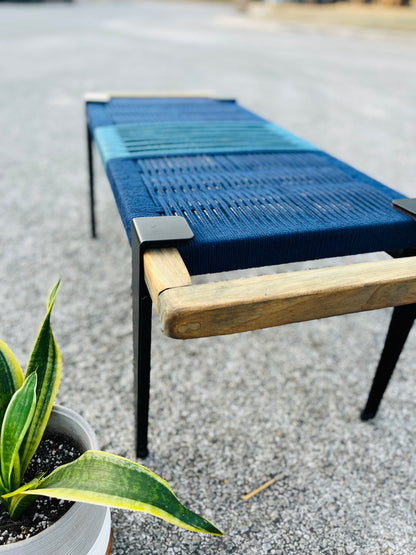 Mid Century Bench | Custom Size Woven Entryway Seating With Matte Black Legs