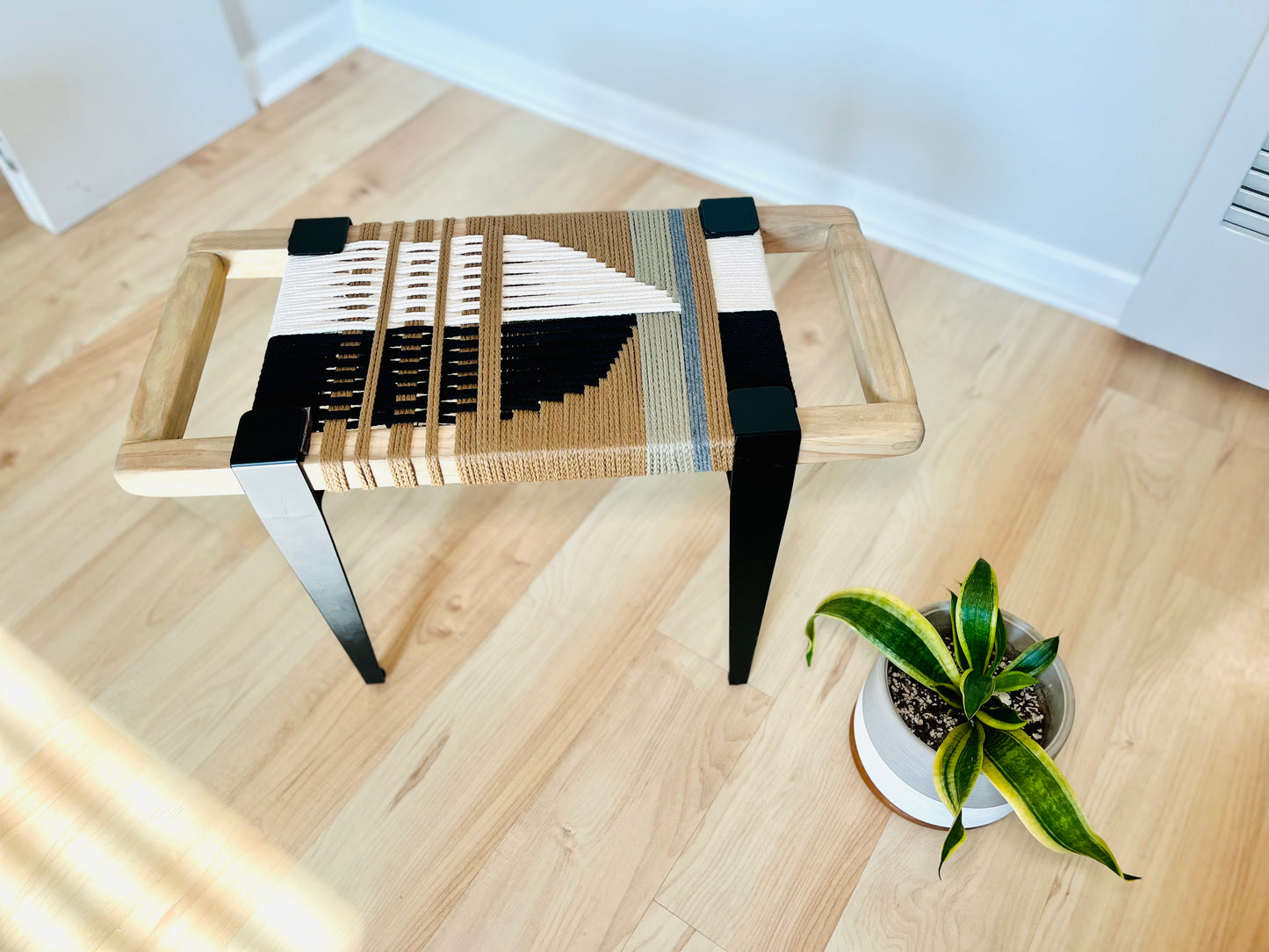 Mid Century Bench | Custom Size Woven Entryway Seating With Matte Black Legs