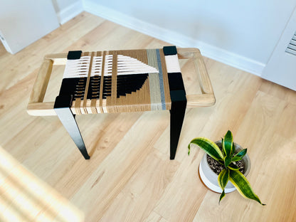 Mid Century Bench | Custom Size Woven Entryway Seating With Matte Black Legs