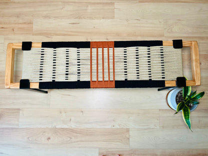 Mid Century Bench | Custom Size Woven Entryway Seating With Matte Black Legs