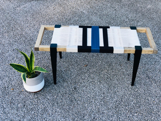 Mid Century Bench | Custom Size Woven Entryway Seating With Matte Black Legs