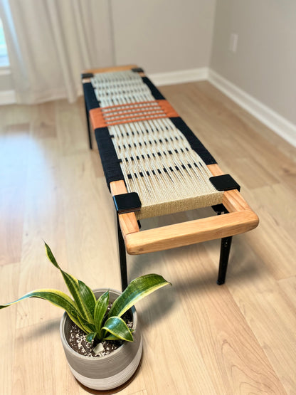 Mid Century Bench | Custom Size Woven Entryway Seating With Matte Black Legs