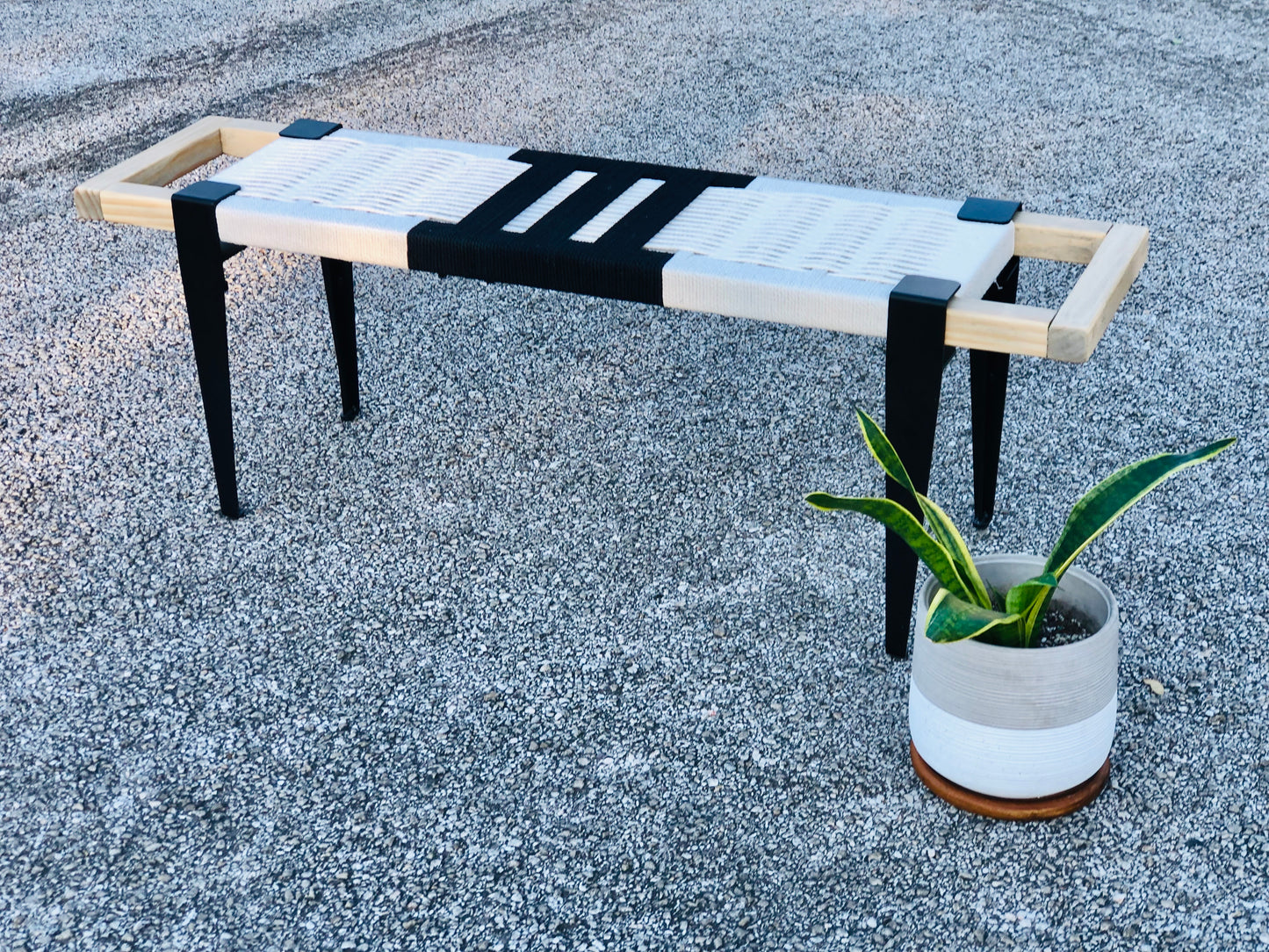 Mid Century Bench | Custom Size Woven Entryway Seating With Matte Black Legs