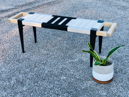 Mid Century Bench | Custom Size Woven Entryway Seating With Matte Black Legs