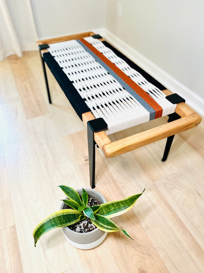 Mid Century Bench | Custom Size Woven Entryway Seating With Matte Black Legs