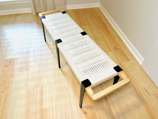 Mid Century Bench | Custom Size Woven Entryway Seating With Matte Black Legs