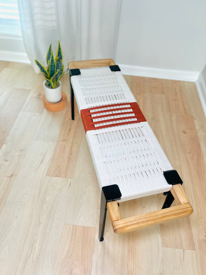 Mid Century Bench | Custom Size Woven Entryway Seating With Matte Black Legs
