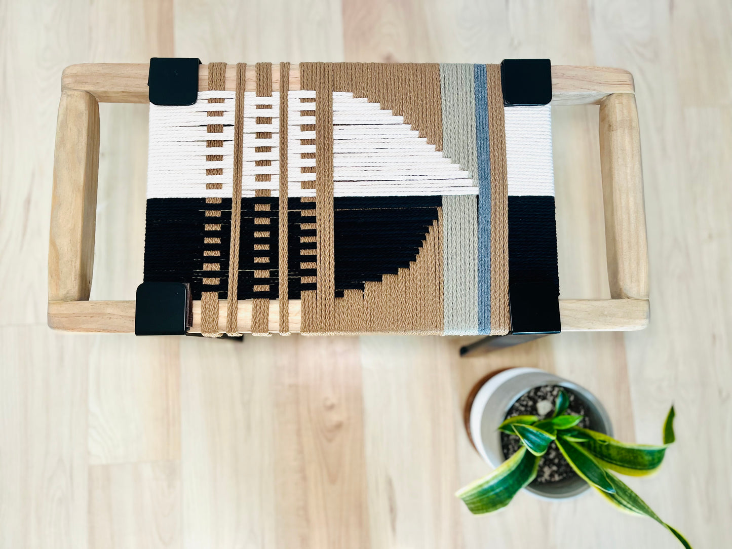 Mid Century Bench | Custom Size Woven Entryway Seating With Matte Black Legs