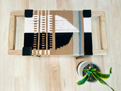 Mid Century Bench | Custom Size Woven Entryway Seating With Matte Black Legs