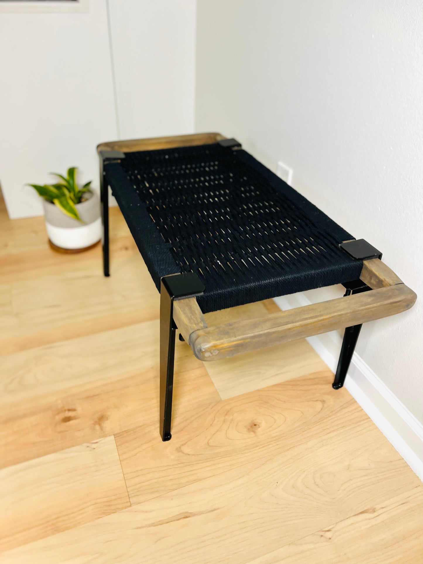 Mid Century Bench | Custom Size Woven Entryway Seating With Matte Black Legs