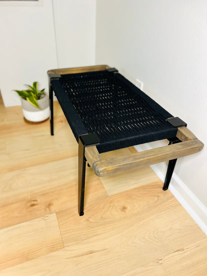Mid Century Bench | Custom Size Woven Entryway Seating With Matte Black Legs