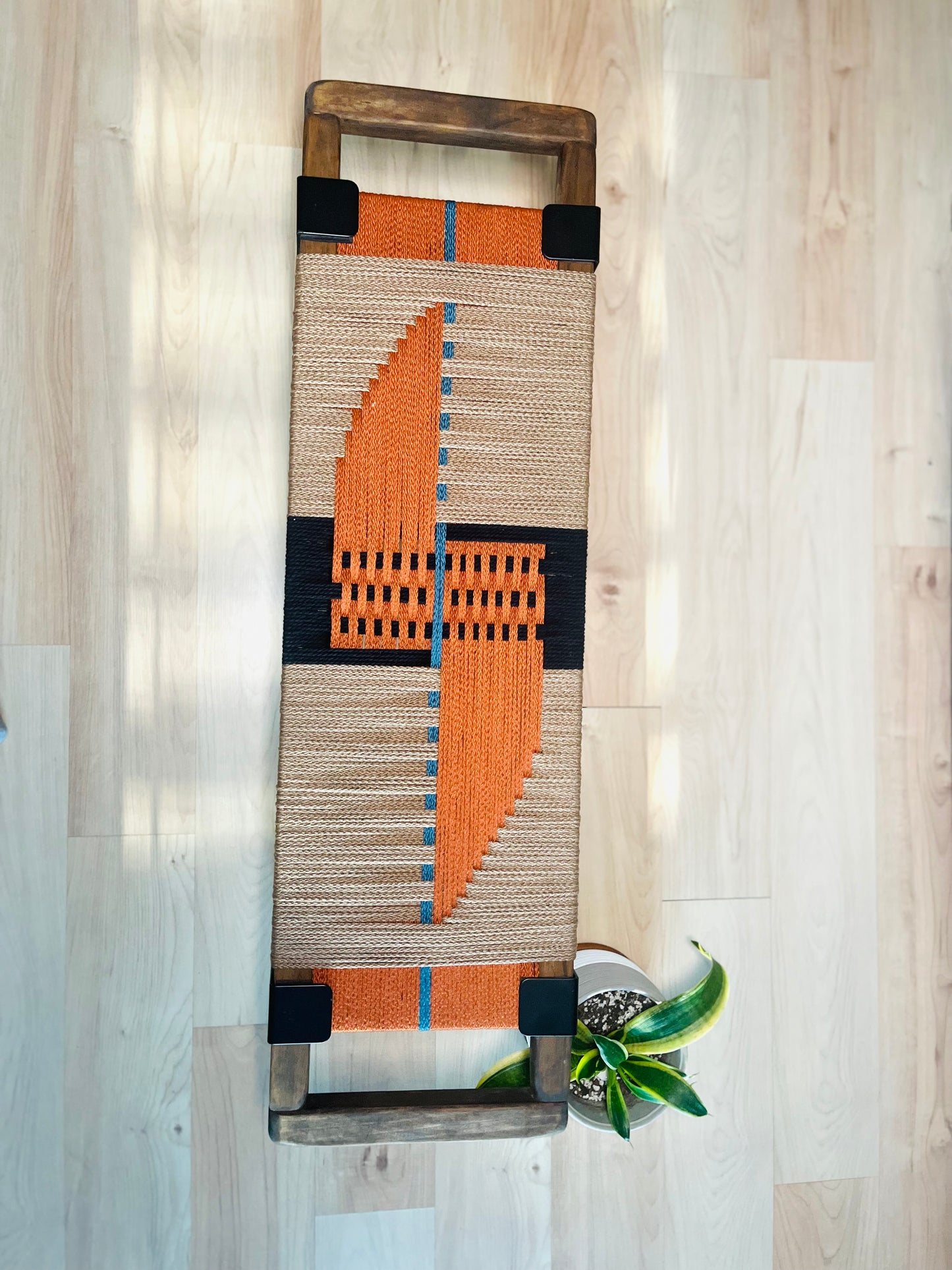 Mid Century Bench | Custom Size Woven Entryway Seating With Matte Black Legs