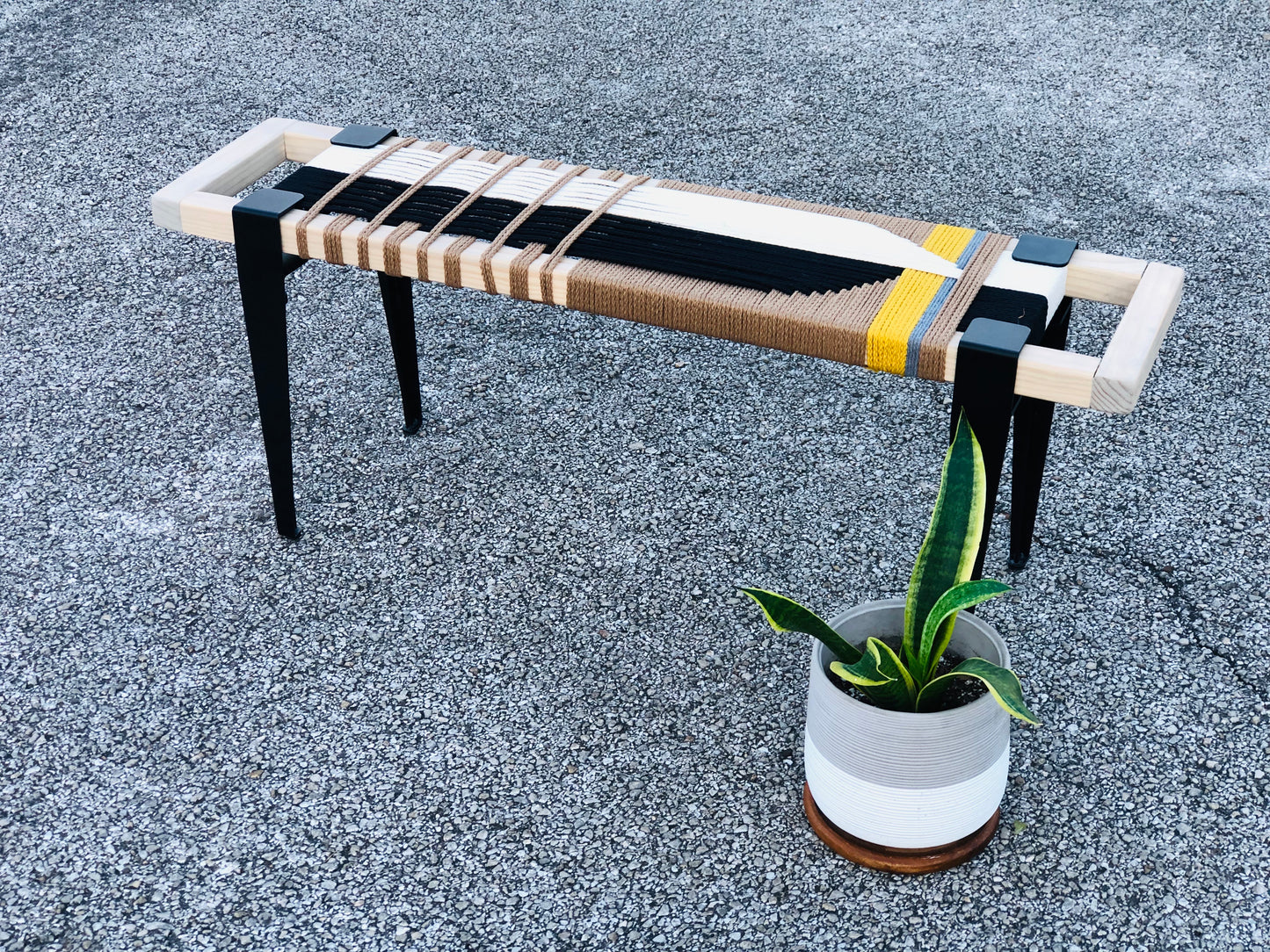 Mid Century Bench | Custom Size Woven Entryway Seating With Matte Black Legs