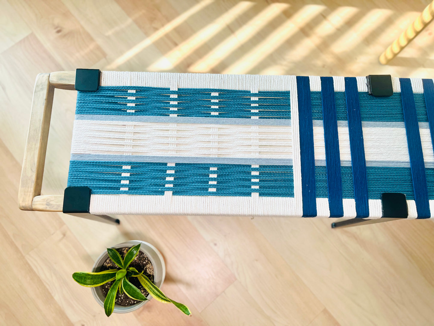 Mid Century Bench | Custom Size Woven Entryway Seating With Matte Black Legs