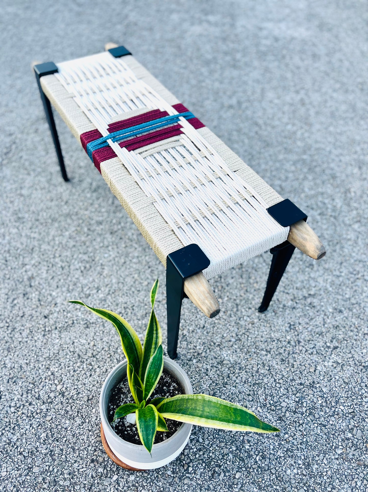 Mid Century Bench | Custom Size Woven Entryway Seating With Matte Black Legs
